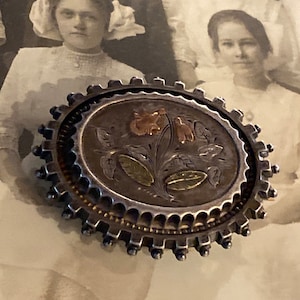 Antique Victorian Floral Brooch: Silver & Gold Overlay, Estate Jewelry
