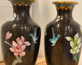 PAIR Vintage Cloisonné Vases Flower And Birds , Antique Asian Cloisonné