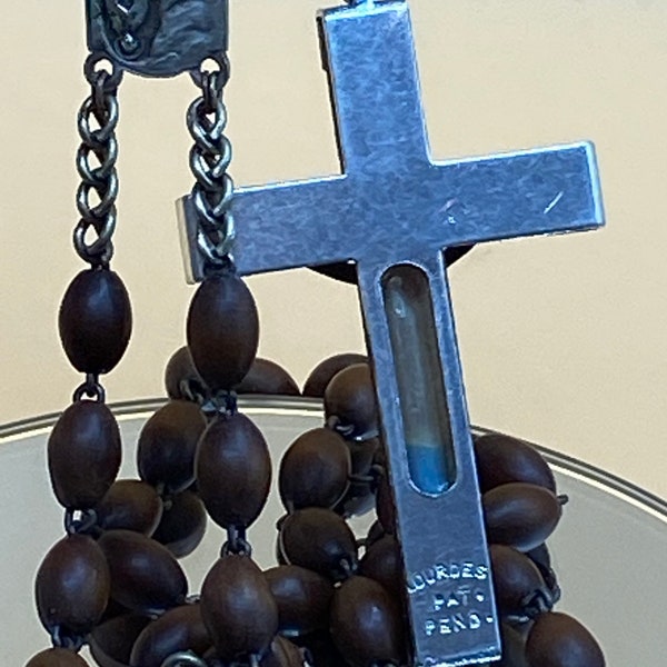 Estate Antique Pat. Pend. LOURDES Wood Bead Relic First Issue Crucifix Rosary