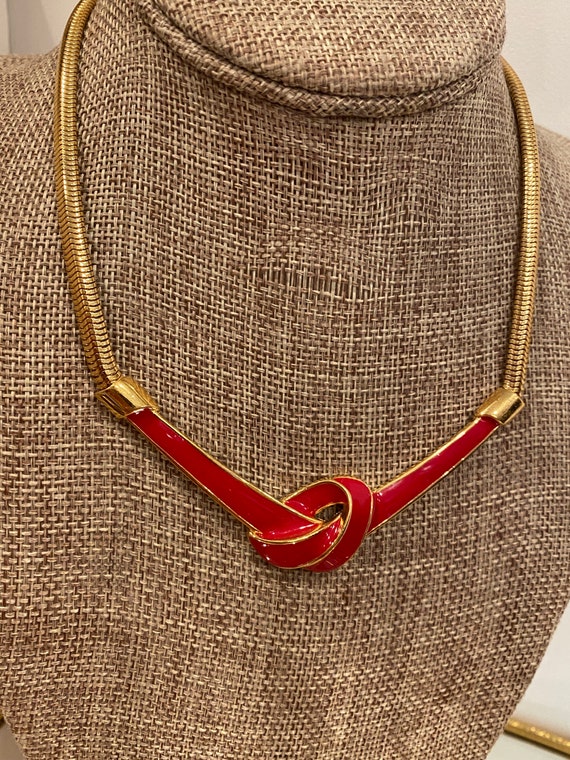 Vintage 1980s Signed Monet Red Enamel Necklace An… - image 3