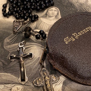 Antique Ebony France Rosary Carved Patter Bead Rosary With Leather FRANO rosary case and Devotion Church Medal