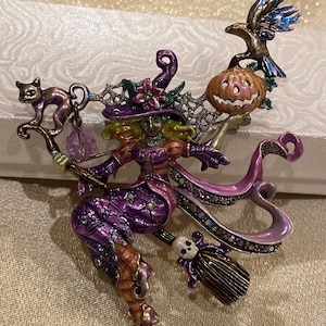 Vintage Kirks Folly Enamel Witch Brooch: Silver Tone Holiday Jewelry