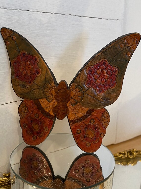 Large Vintage Pair Leather Butterfly French Hair … - image 4