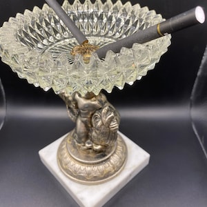 Beautiful Vintage Mid Century Crystal Ashtray On Cherub Pedestal & Marble Base