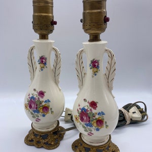 Mid Century matching PAIR Hand Painted Floral Porcelain Gold Accent End Table Lamps , Country Decor , Farmhouse Decor