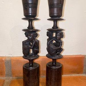 Vintage Ebony Hand Carved Pair African Wood Candle Holders