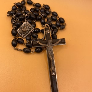 Vintage Ebony Italy 3” Crucifix Rosary , Catholic Italy Rosary , Religious Prayer Rosary