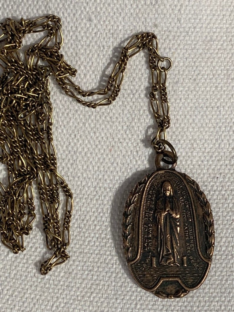 Beautiful Religious Vintage Large Catholic Medal Reversible Antique Pendant Necklace