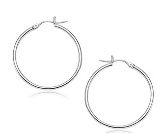 Elegant 14K White Gold Polished Hoop Earrings (30mm Diameter, 2mm Thickness)