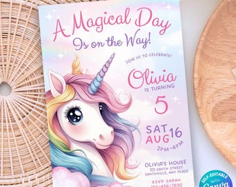 Invitación digital de cumpleaños de unicornio pastel Plantilla para fiesta de unicornios Invitación de unicornio arcoíris editable Invitación de cumpleaños de unicornios para niña