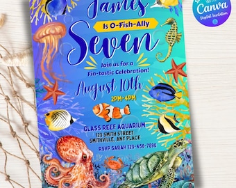 Editable Boys Under the Sea Birthday Party Invitation Downloadable Ocean Theme Invite Aquarium Birthday Party Template O-Fish-ally Invite