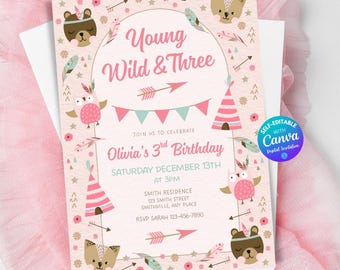 Invitación de cumpleaños para niña "Young Wild and Three" - Invitación bohemia editable - Invitación de cumpleaños rosa para tercer cumpleaños - Plantilla Canva