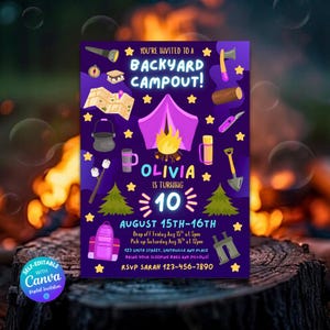 Könnte beinhalten: Eine digitale Einladung in Lila für ein Hinterhof-Camp, mit Illustrationen zum Thema Camping. Die Einladung enthält ein Zelt, ein Lagerfeuer und den Text "Olivia wird 10". Das Datum ist der 15.-16. August.