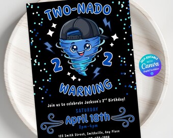 Twonado Birthday Invitation Blue Tornado Invite Two-nado Birthday Party Invitation Boys Two Year Old Birthday Party Invite Editable Canva