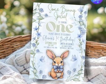 Bunny Birthday Party Invitation Boys 1st Birthday Invitation Peter Rabbit Birthday Party Invitation Blue Baby Shower Invite Template Canva