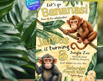 Monkey Birthday Party Invitation Monkey Theme Party Jungle Birthday Party Invite Safari Invitation Go Wild  Party Invites Boys and Girls Fun