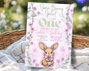 Bunny Birthday Party Invitation Girls 1st Birthday Invitation Pink Bunny Birthday Party Invitation Pink Baby Shower Invite Template Canva