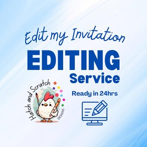 May include: A blue and white graphic promoting an invitation editing service. The text reads "Edit my Invitation EDITING Service Ready in 24hrs." A cartoon chicken holding paintbrushes is featured, along with a computer icon with a pencil.