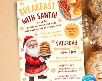 Editable Breakfast with Santa Flyer Template Breakfast with Santa Invite Pancakes with Santa Flyer Christmas Breakfast Invitation Fundraiser