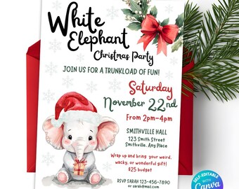 Editable White Elephant Christmas Party Invitation Template Holiday Gift Exchange Party Adult Office Christmas Party Invite Downloadable