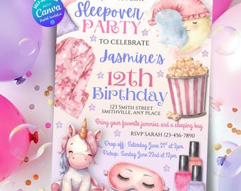 お泊まり会の誕生日パーティーの招待状、パジャマパーティーの招待状、お泊まり会のスパナイトの誕生日の招待状、10代の女の子のパジャマパーティーのテンプレート