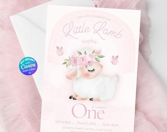 Editable Girl's First Birthday Invitation Template Little Lamb Birthday Invite Sheep Birthday Invitation Little Girl Birthday Party Download