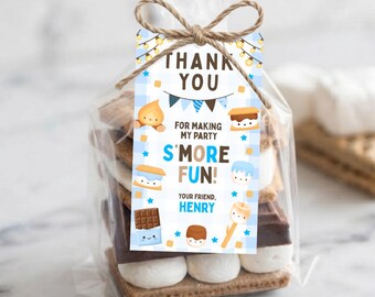 Plantilla editable de etiqueta de regalo azul para S'mores, imprimible, etiqueta de agradecimiento para fiestas de fogatas, etiqueta de agradecimiento para niños