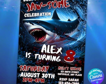 Shark Birthday Invitation Shark Birthday Party Shark Invite Editable invite Shark Invites Editable Shark Boy's Birthday Invitation Download