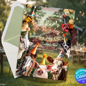 May include: A party invitation featuring a duck, sheep, horse, pig, cow, chicken, and dog wearing party hats. The invitation reads "Calling All Party Animals" and announces Tucker's 8th Birthday on July 12th.