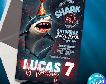 Shark Birthday Invitation Shark Birthday Party Shark Invite Editable invite Shark Invites Editable Shark Boy's Birthday Invitation Download