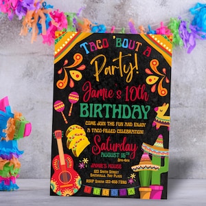 Invitación a fiesta de cumpleaños de tacos, invitación a fiesta temática de tacos, invitación a celebración de fiesta de tacos, invitación para el Cinco de Mayo de tacos, tacos editables
