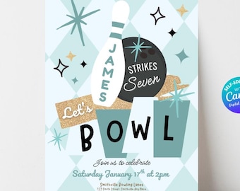 Editable Bowling Birthday Invitation Bowling Birthday Party Retro Party Green Bowling Invite Boys Bowling Invite Bowling Invitation Template