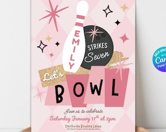 Editable Bowling Birthday Invitation Bowling Birthday Party Retro Party Pink Bowling Invite Girls Bowling Invite Bowling Invitation Template