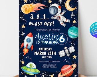 Space Birthday Party Invitation Boy's 6th Birthday Party Invite Outer Space Invite Galaxy Theme Party Blue Space Party Invite Template Canva
