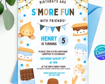 Invitación de cumpleaños editable para niños con temática de s'mores, invitación de cumpleaños con fogata de s'mores azul, plantilla imprimible para acampar, invitación para fiesta con fogata de s'mores en Canva