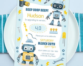 Boy's Editable Robot Birthday Party Invitation Downloadable Boys Birthday Invitations Kids Birthday Invites 4th Birthday Templates Canva