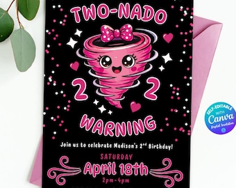 Twonado Birthday Invitation Pink Tornado Invite Two-nado Birthday Party Invitation Girl Two Year Old Birthday Party Invite Editable Canva