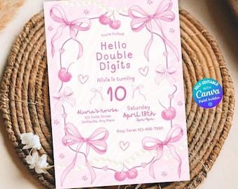 Hello Double Digits 10th Birthday Invitation for Tween Girl Pink Aesthetic Pink Bow Invite Canva Template 10 Year Old Girl Party Invitation