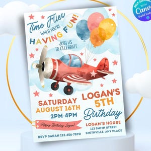 May include: A digital invitation for a 5th birthday party. The design features a red airplane with a propeller, balloons, and the text "Time Flies When You're Having Fun!" The invitation includes the date, time, and location.