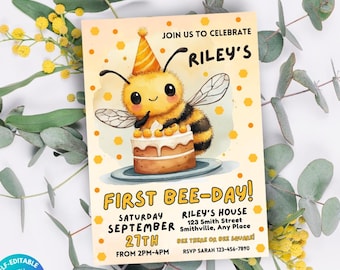 Invitación editable para el primer día de las abejas, invitación para el primer cumpleaños, fiesta de abejorros, invitación de cumpleaños de abejas, plantilla de invitación de abeja descargable Canva