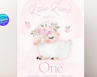 Editable Girl's First Birthday Invitation Template Little Lamb Birthday Invite Sheep Birthday Invitation Little Girl Birthday Party Download