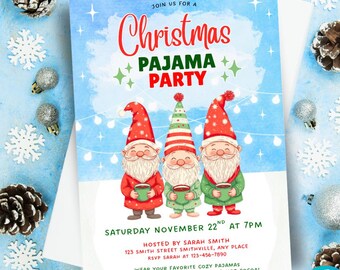 Editable Christmas Pajama Party Invitation Holiday PJ Party Invite Christmas PJ Party Invitations   Printable Gnome Invitation Winter Party