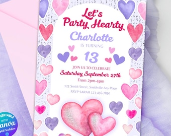 Girls Pink Birthday Invite Girl Birthday Invitation Purple 13th Birthday Party Pink Hearts Birthday Invite Valentines Day Birthday Invite