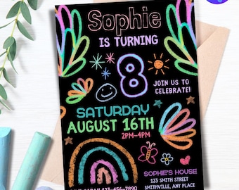 Editable Colorful Kids Birthday Party Invitation Art Theme Birthday Invitation Childrens Craft Party Invites Chalk Board Invitation Template
