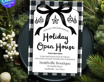Editable Holiday Black and White Bow Invitation Christmas Open House Invitation Black Coquette Christmas Invitation Company Party Invitation