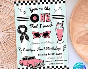 One That I Want First Birthday Invite, Grease First Bday Invite Girl, Pink Ladies Theme, Retro 50s Birthday Invite, Editable Canva Template