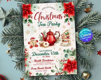 Editable Christmas Tea Party Invitation Christmas Brunch Invite High Tea Invitation Bridal Shower Tea Party Christmas Xmas Tea Party Canva