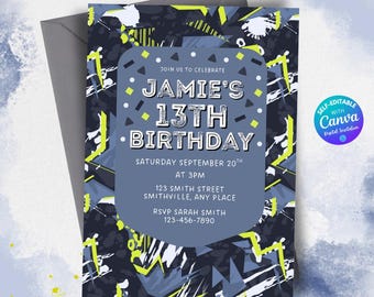 Bearbeitbare einfache Teen Jungen-Geburtstagsfeier-Einladung Jungen-Party laden Tween Jungen-Party-Vorlage ein Herunterladbare Jungen-13.Geburtstags-Einladung