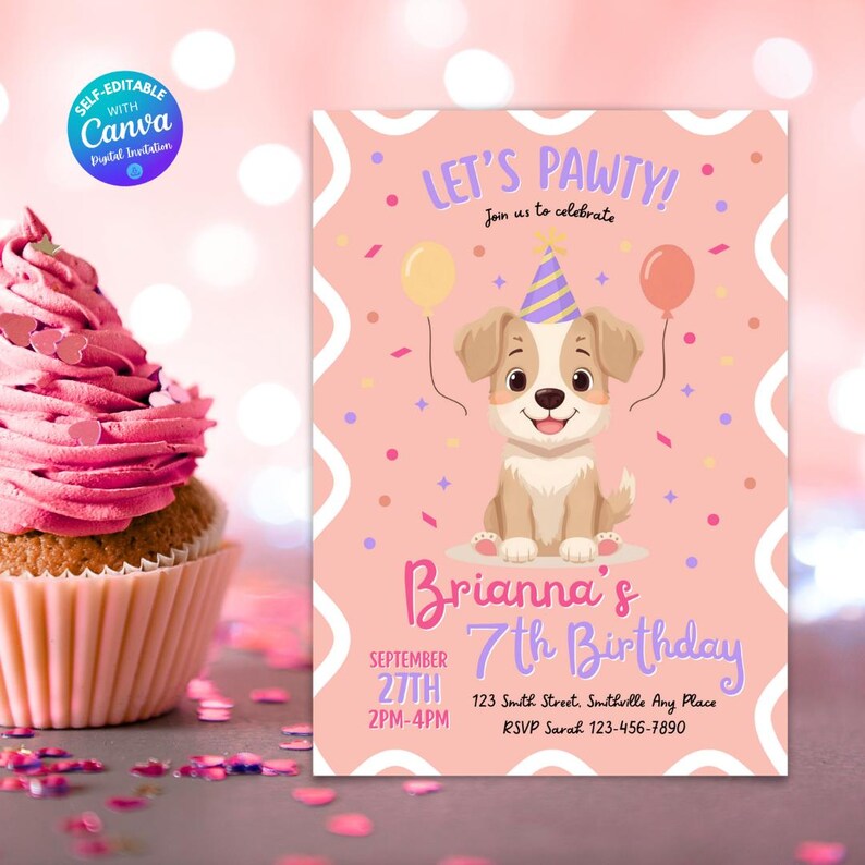 Editable Pink Puppy Birthday Party Invitation Birthday Invitations Dogs ...