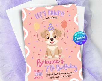 Editable Pink Puppy Birthday Party Invitation Birthday Invitations Dogs Pawty Birthday Invitations Girls Party Invite Pets Party Template